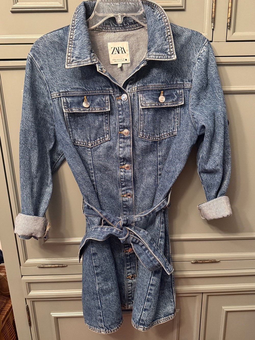 Denim Button Front Shirt Mini Dress Belted Collared Sz M Americana Western